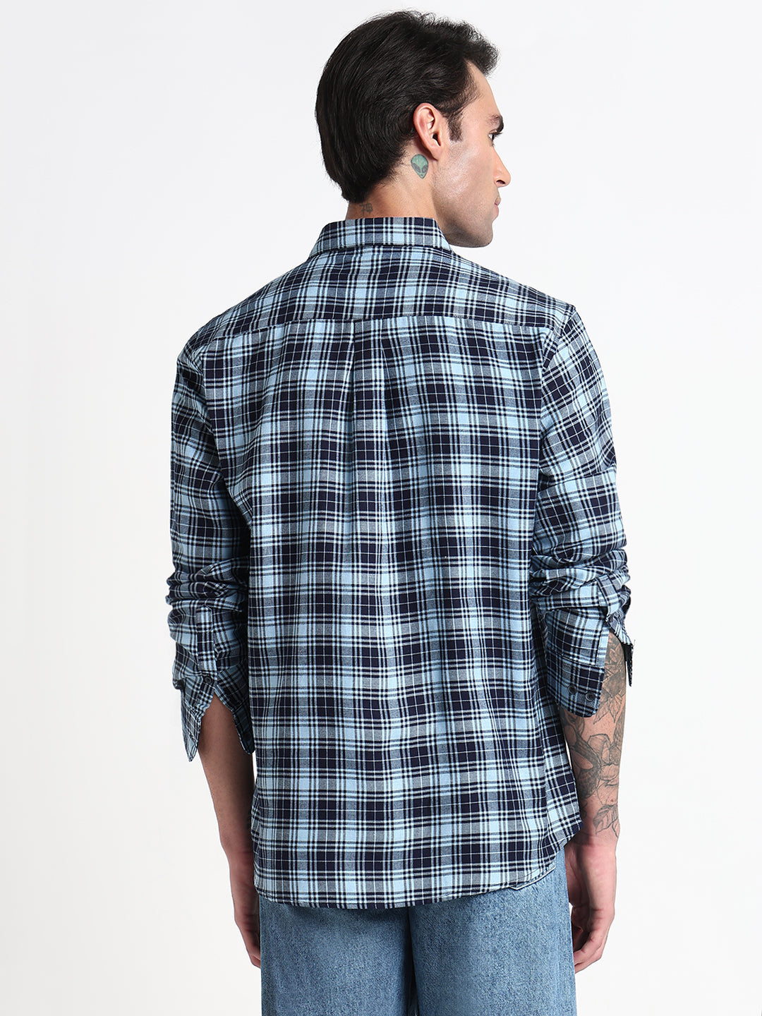 Men's Blue Checked Slim Fit Casual Shirt with Chest Pocket