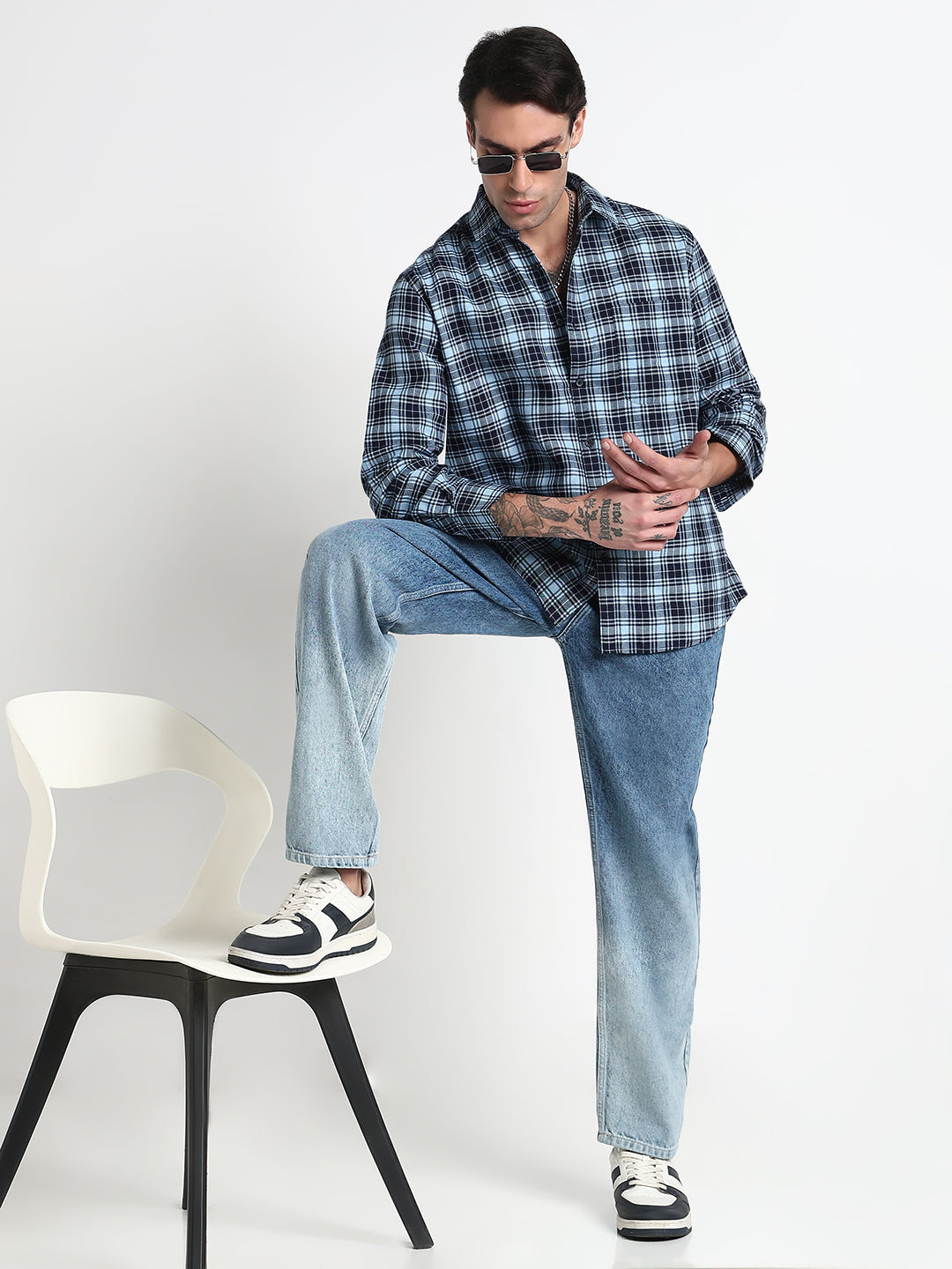 Men's Blue Checked Slim Fit Casual Shirt with Chest Pocket