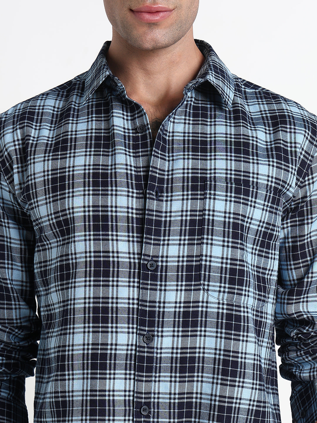 Men's Blue Checked Slim Fit Casual Shirt with Chest Pocket