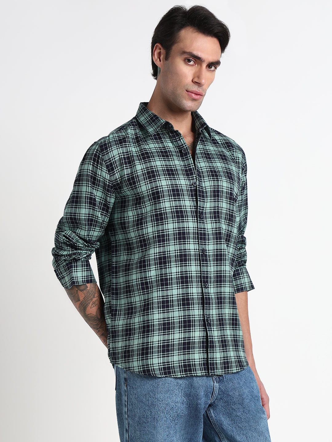 Men's Green Checked Slim Fit Shirt