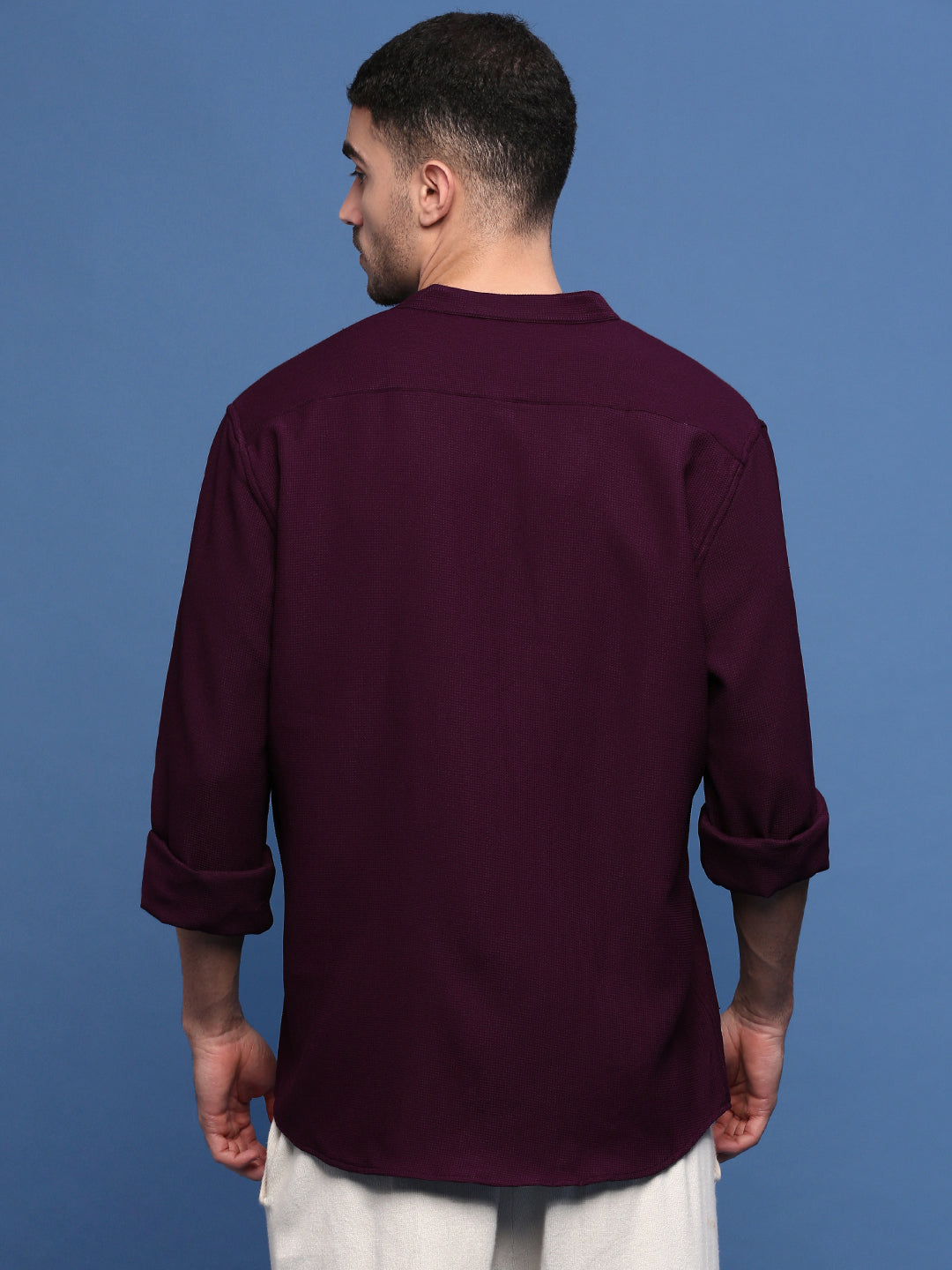 Men's Burgundy Mandarin Collar Solid Slim Fit Shirt