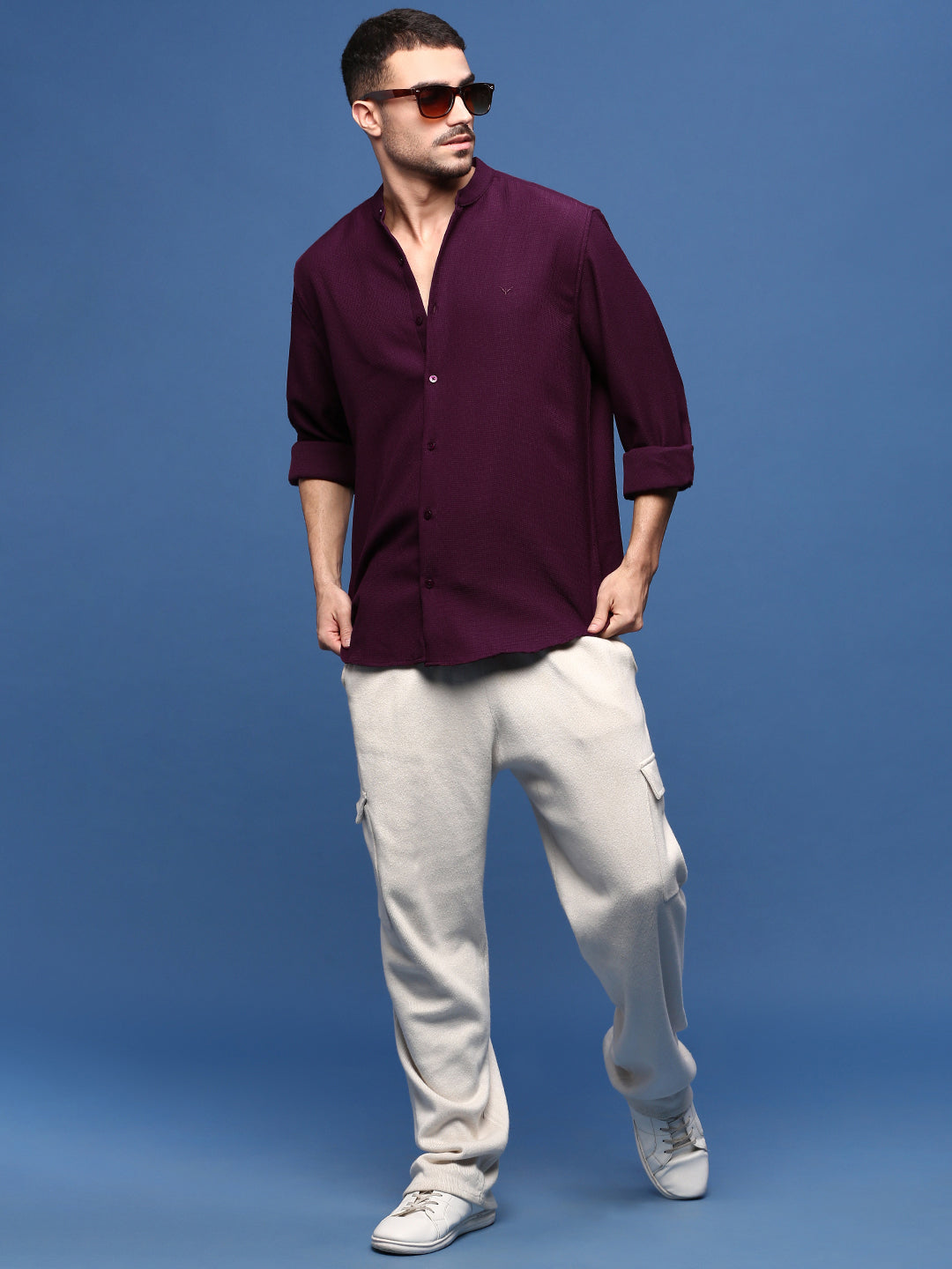 Men's Burgundy Mandarin Collar Solid Slim Fit Shirt