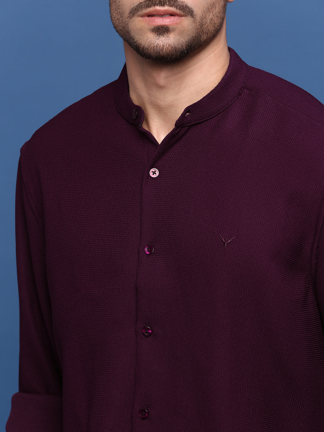 Men's Burgundy Mandarin Collar Solid Slim Fit Shirt