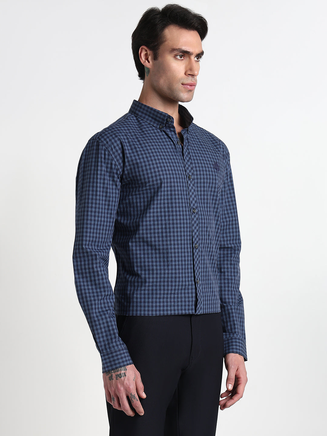 Men's Navy Blue Checked Slim Fit Formal Shirt