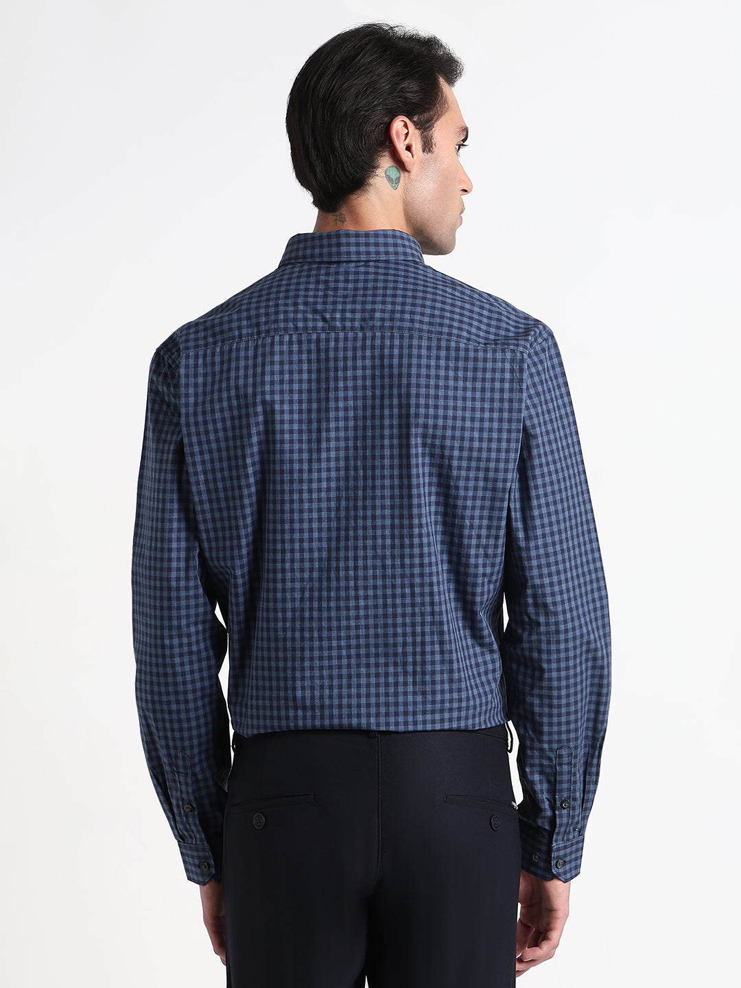 Men's Navy Blue Checked Slim Fit Formal Shirt