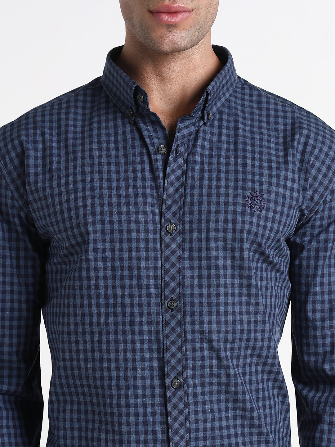 Men's Navy Blue Checked Slim Fit Formal Shirt