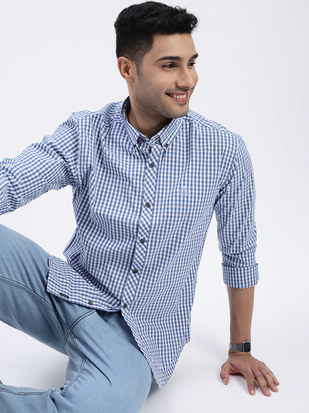 Men Blue Checked Slim Fit Shirt