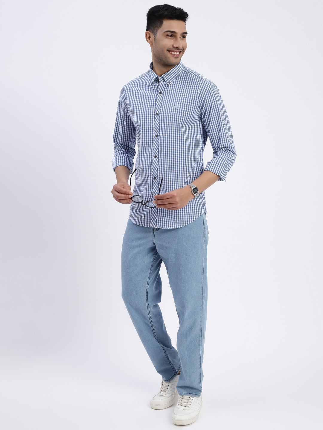 Men Blue Checked Slim Fit Shirt