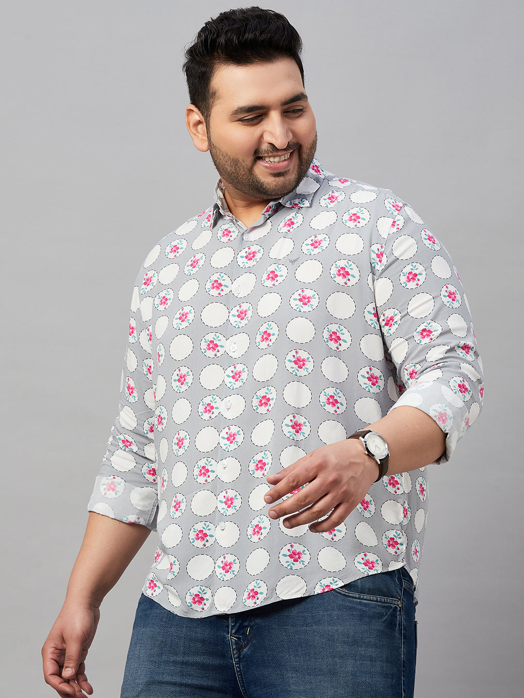 Men Printed Grey Smart Shirt