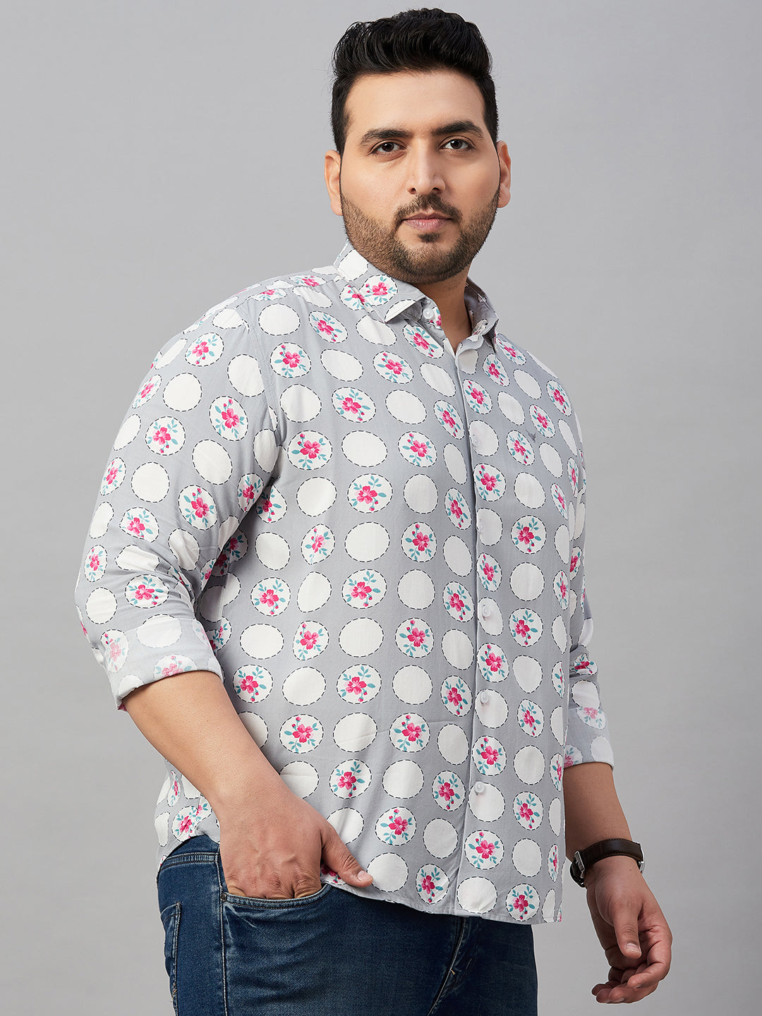 Men Printed Grey Smart Shirt