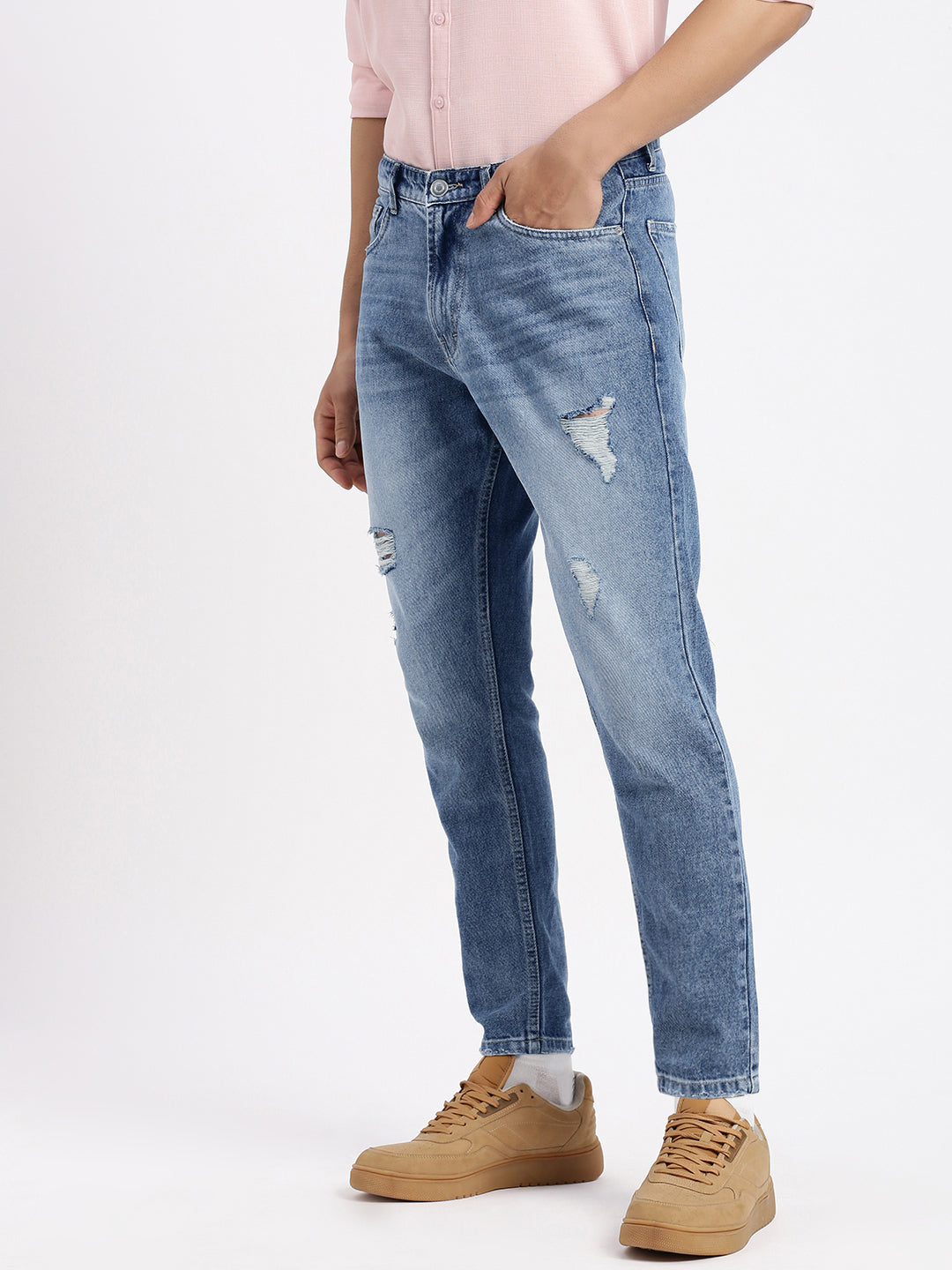 Men Regular Fit Cropped Blue Jeans