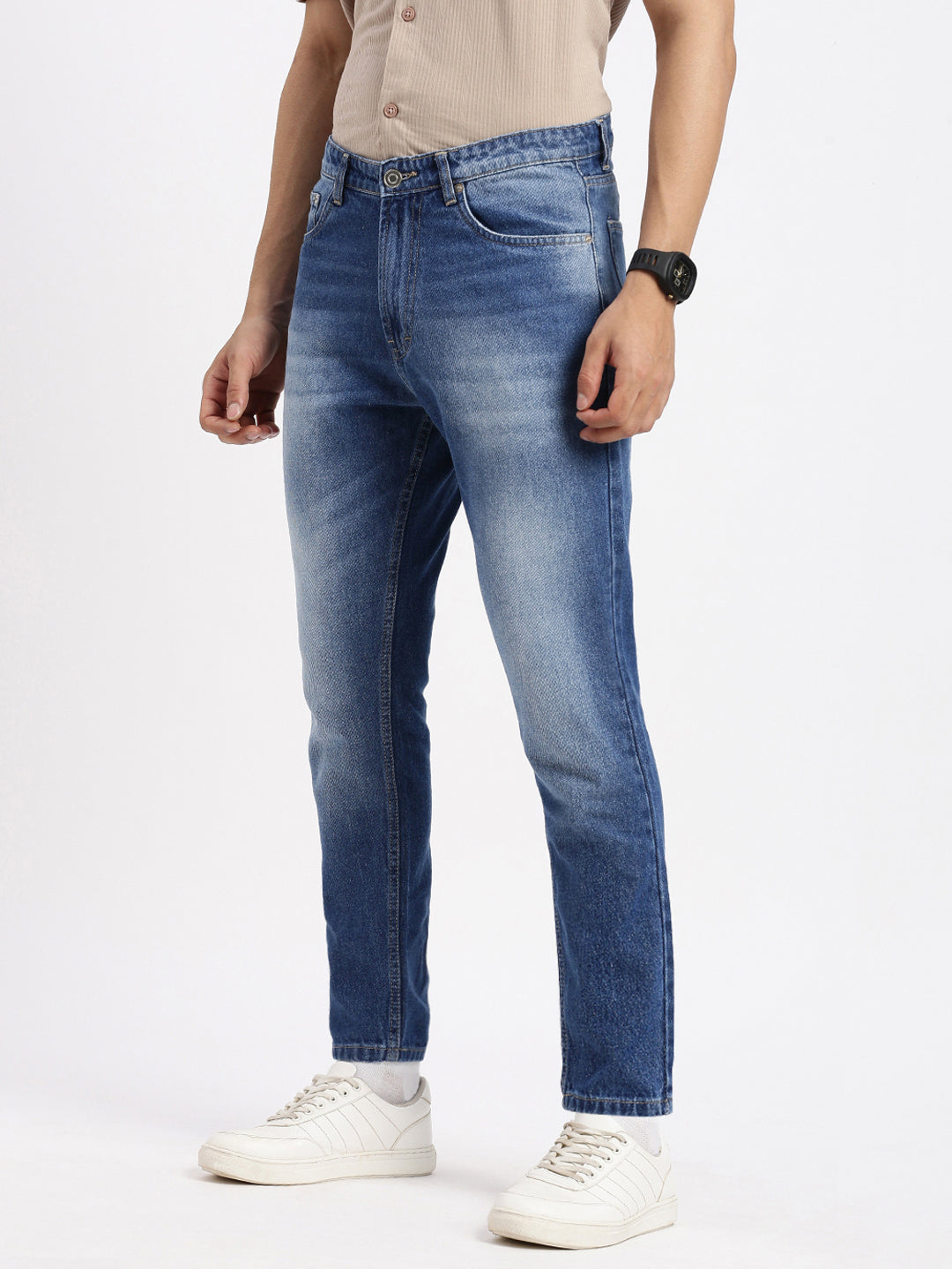 Men Regular Fit Cropped Blue Jeans