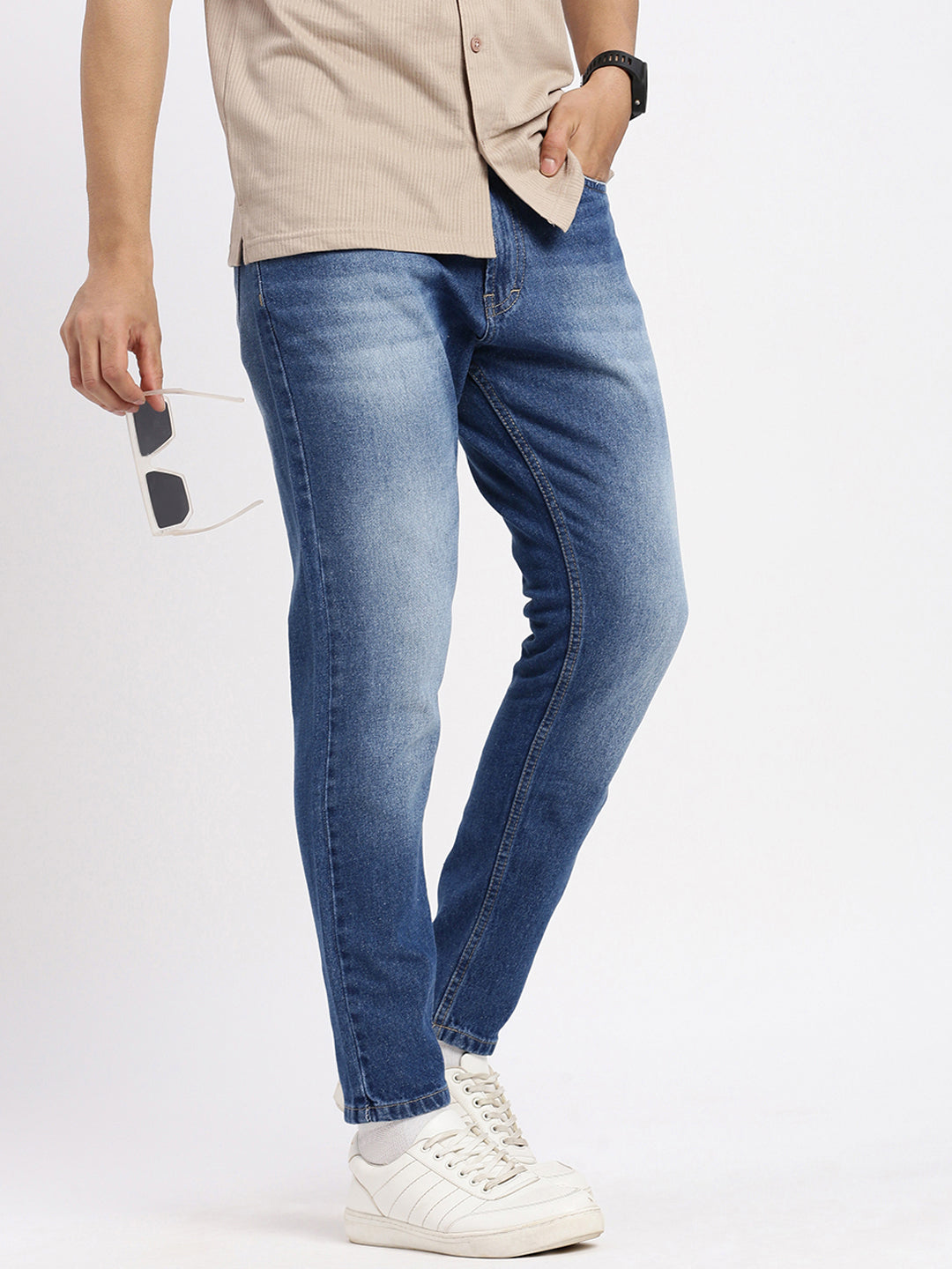 Men Regular Fit Cropped Blue Jeans