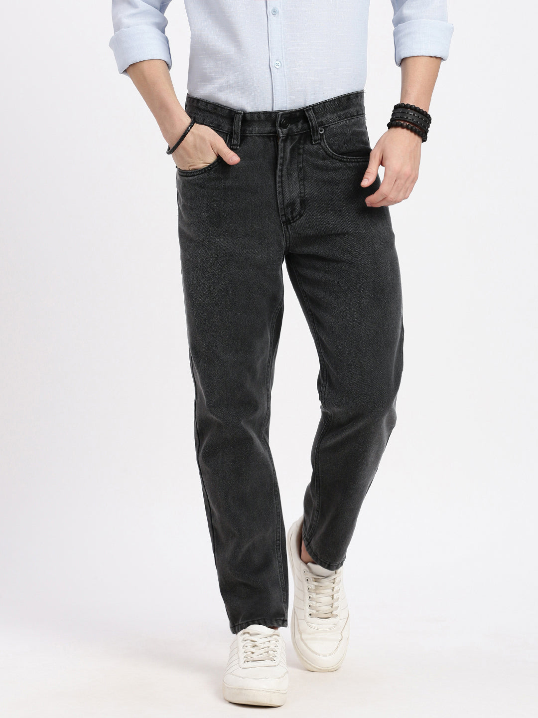 Men Regular Fit Cropped Grey Jeans