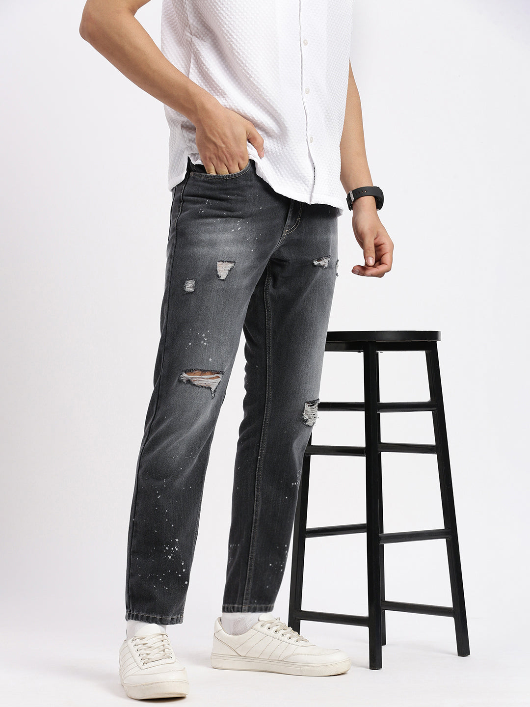 Men Regular Fit Cropped Grey Jeans