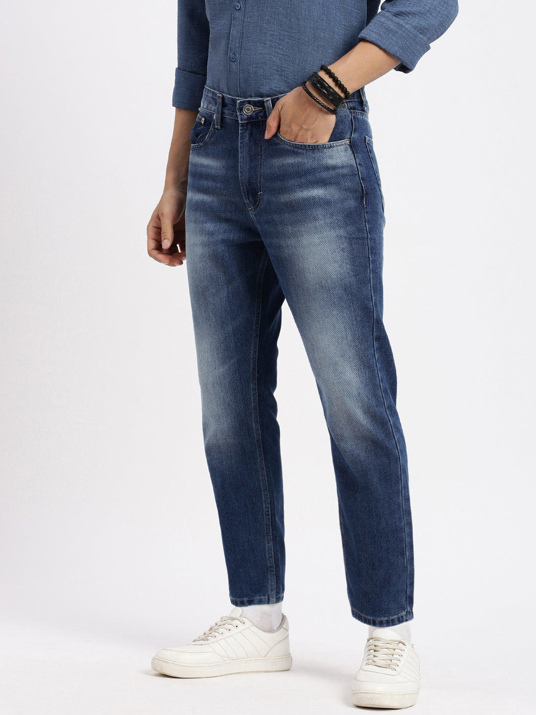 Men Regular Fit Cropped Blue Jeans