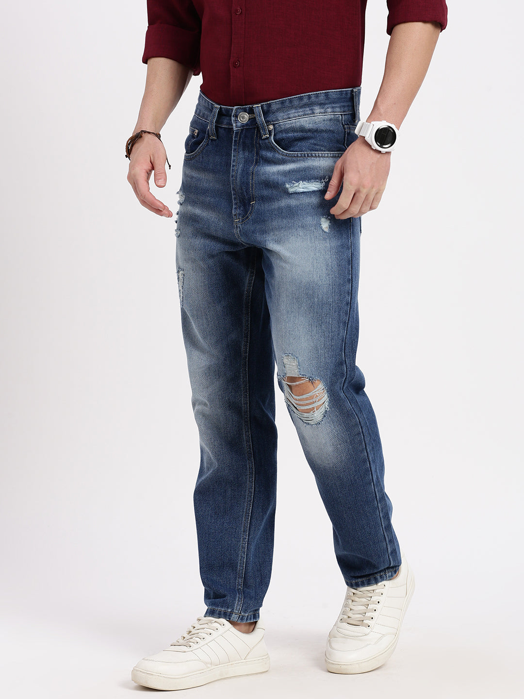 Men Regular Fit Cropped Blue Jeans