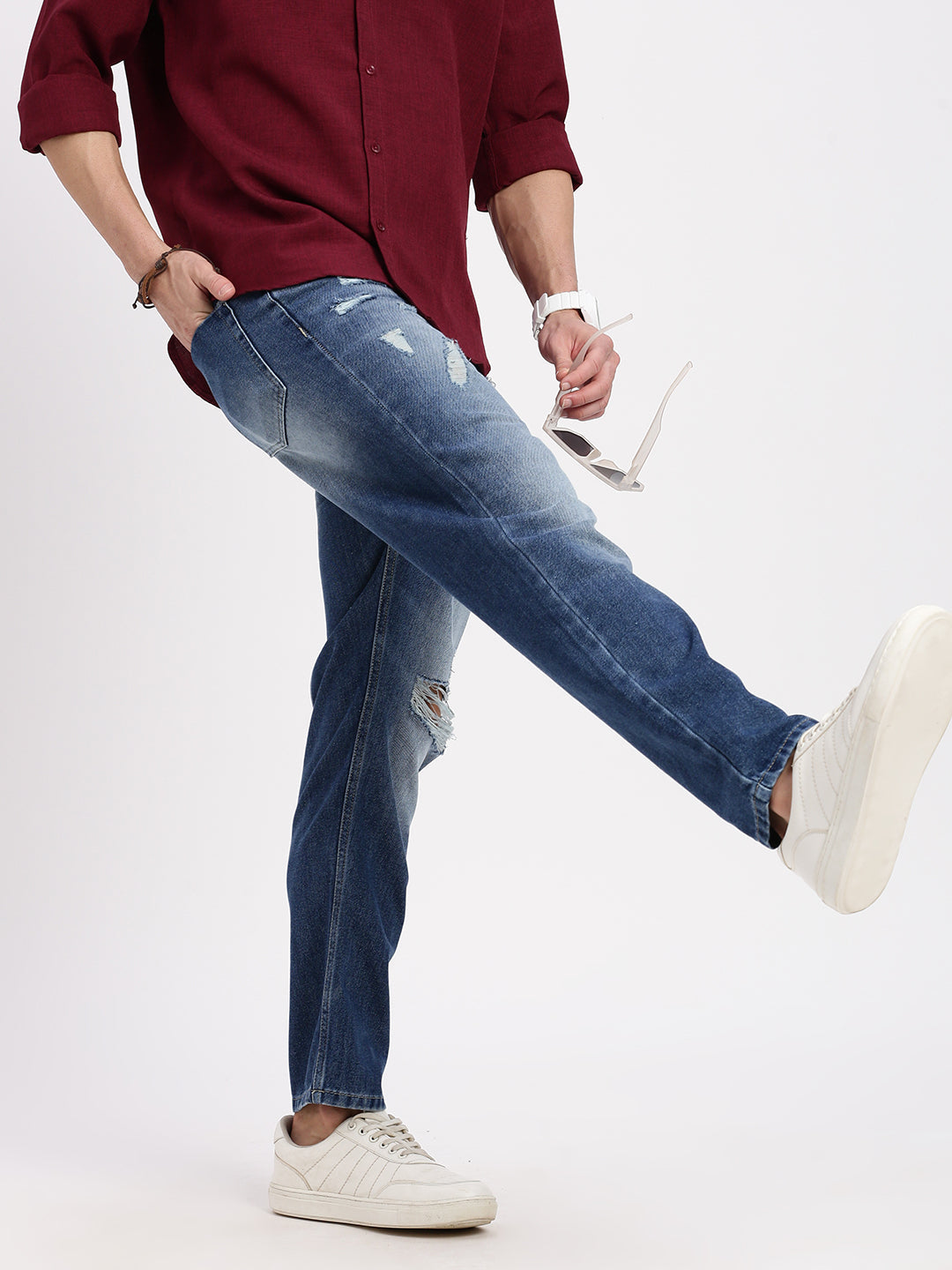 Men Regular Fit Cropped Blue Jeans