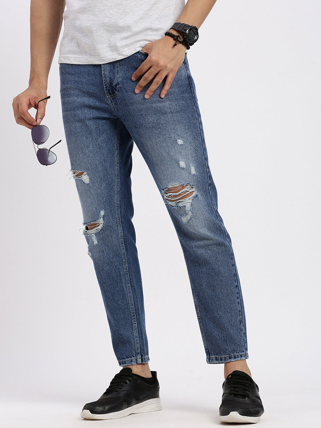 Men Regular Fit Cropped Blue Jeans