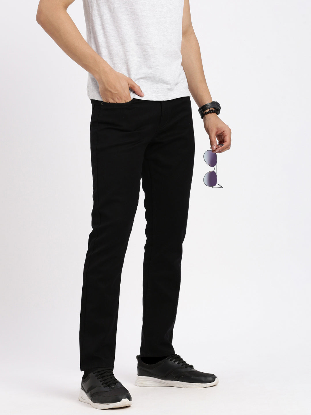 Men Slim Fit Cropped Black Jeans