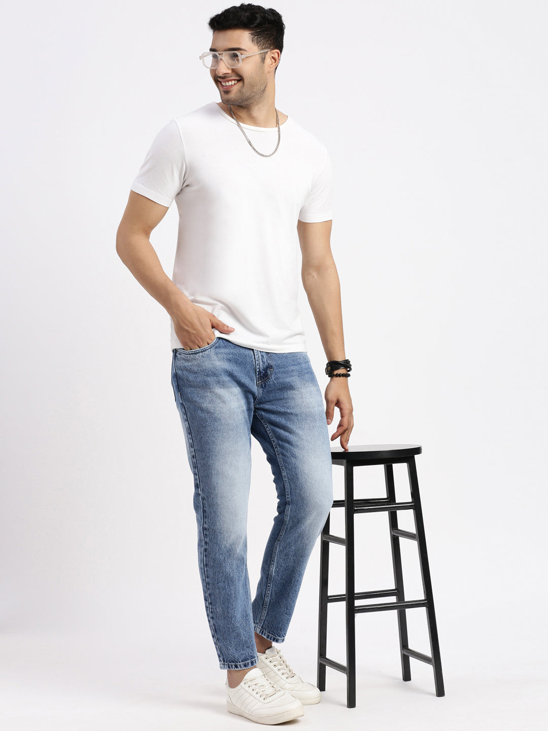 Men Regular Fit Cropped Blue Jeans