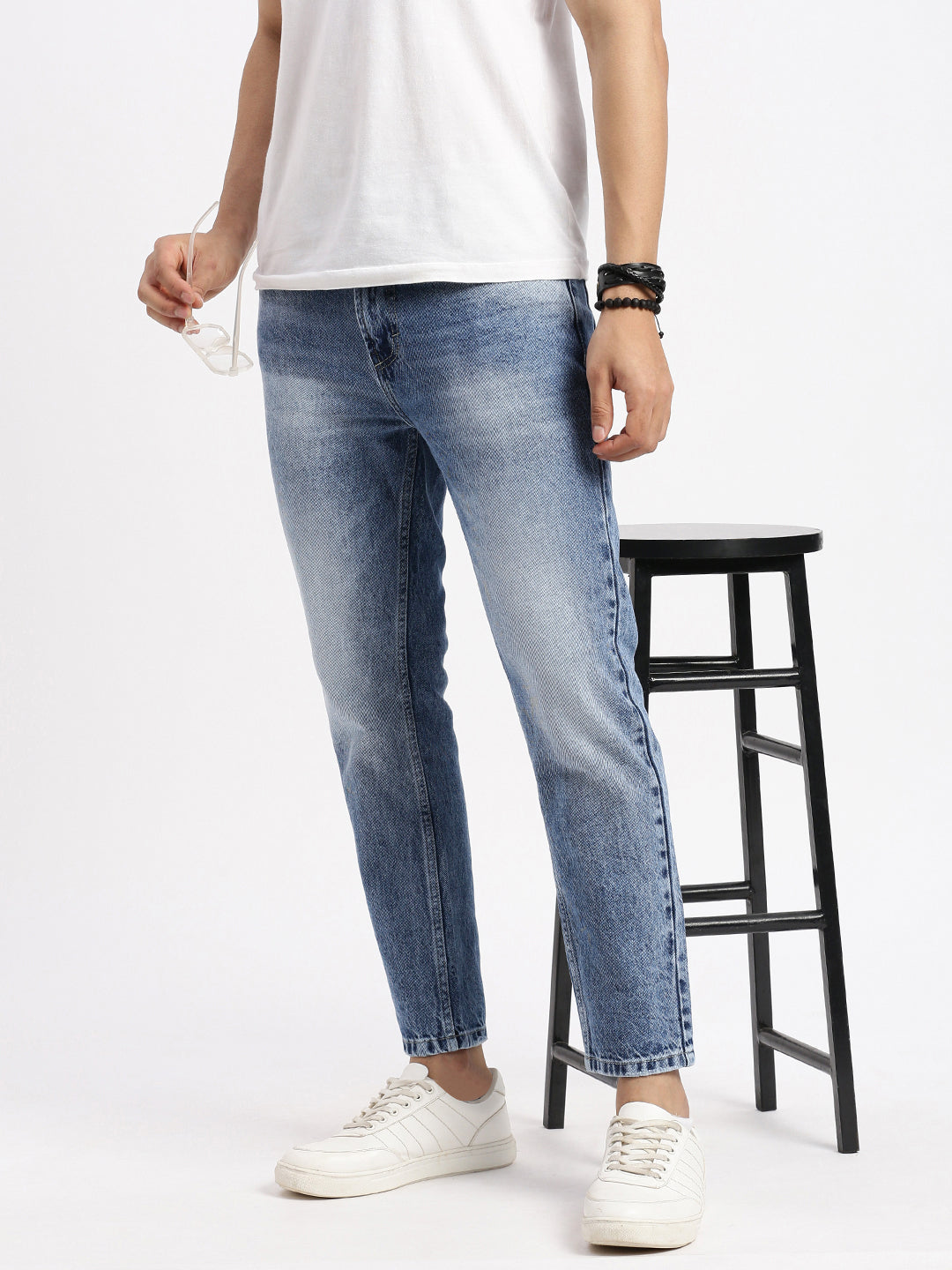 Men Regular Fit Cropped Blue Jeans