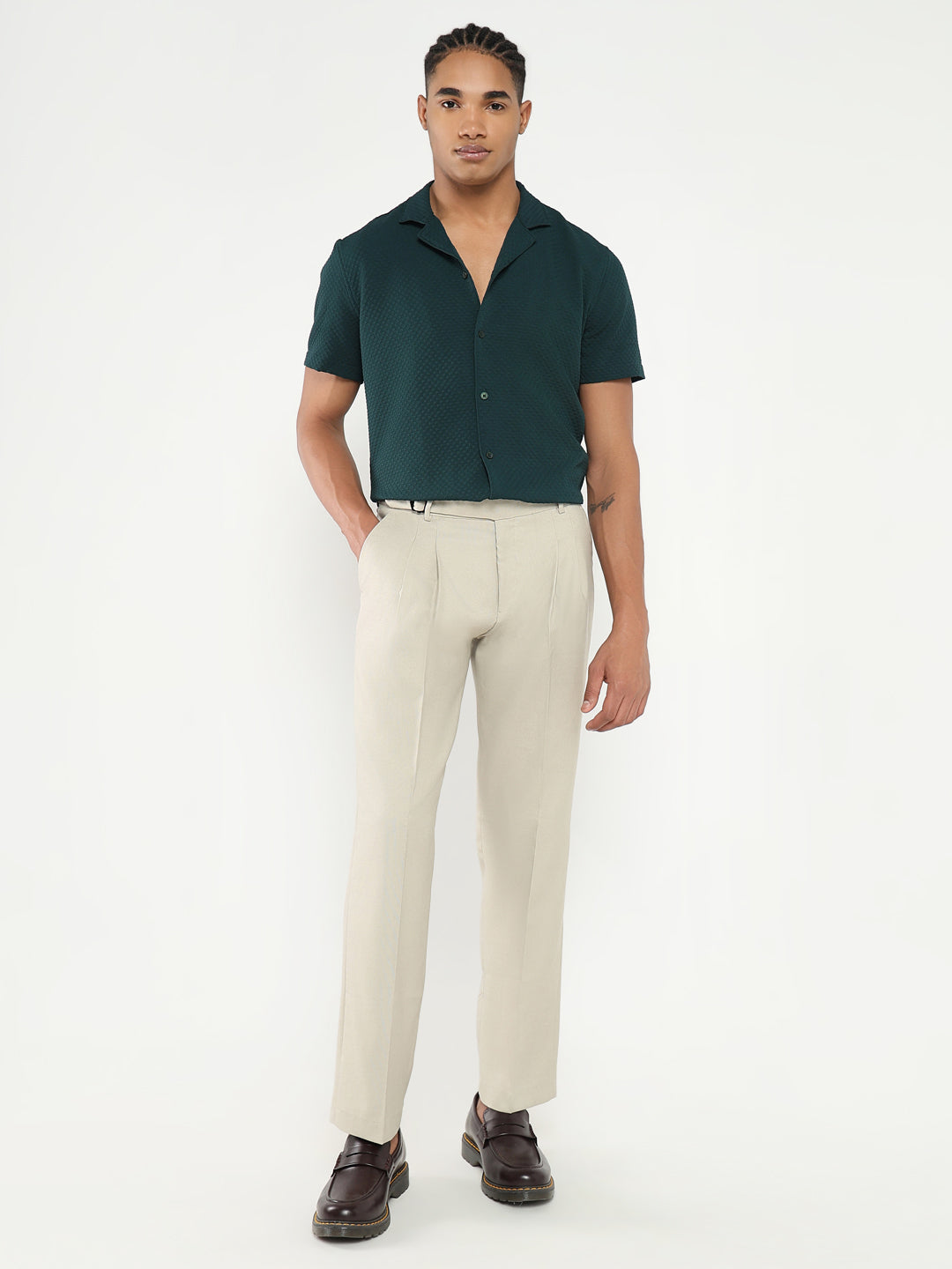 Men Cream Solid Formal Trousers