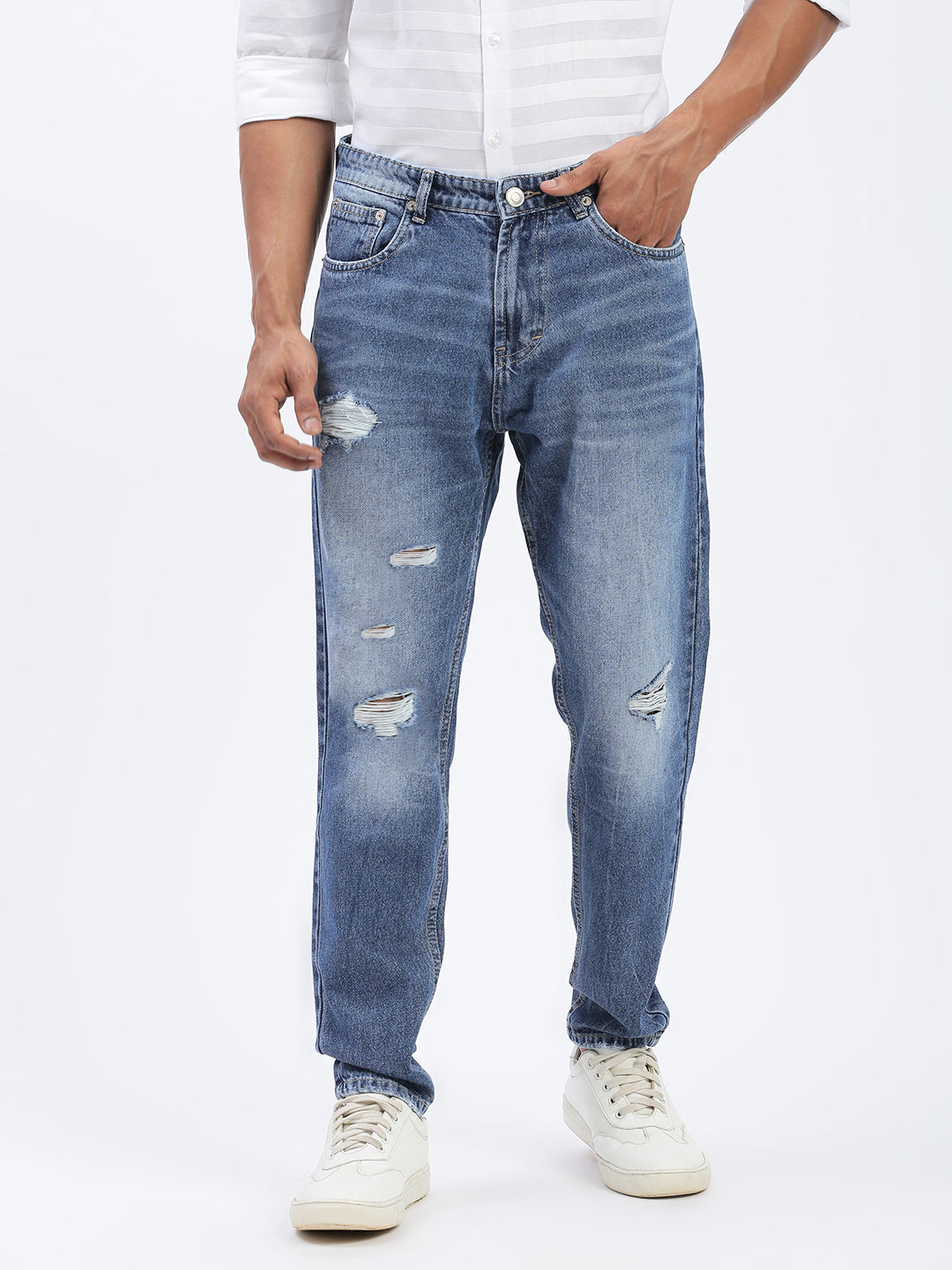Men's Distressed Blue Mid-Rise Straight Fit Jeans