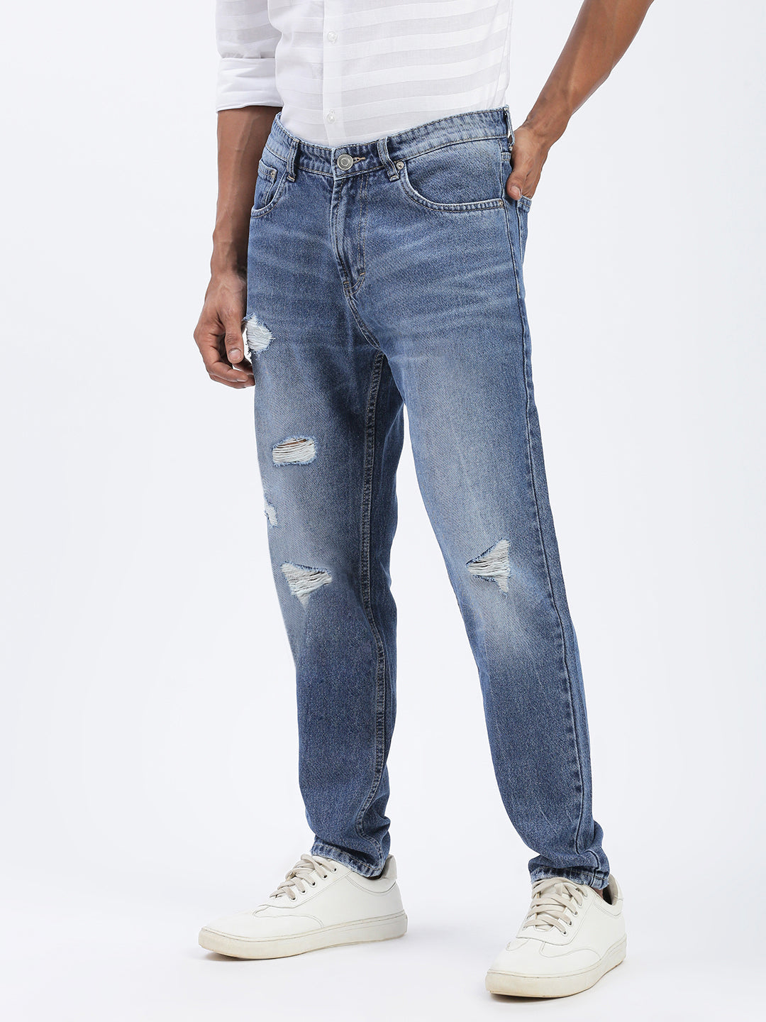Men's Distressed Blue Mid-Rise Straight Fit Jeans
