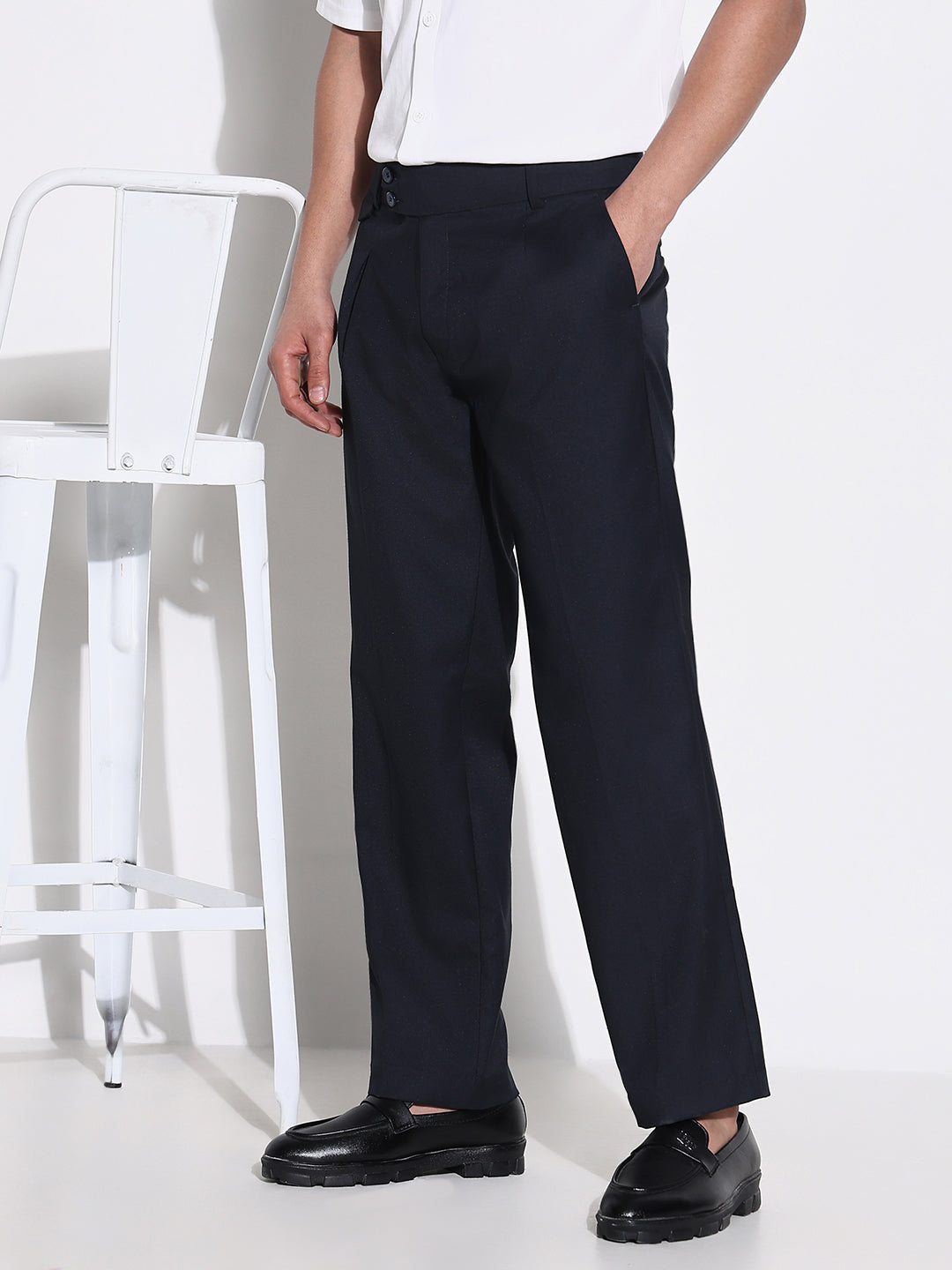 Men Navy Blue Solid Formal Trousers