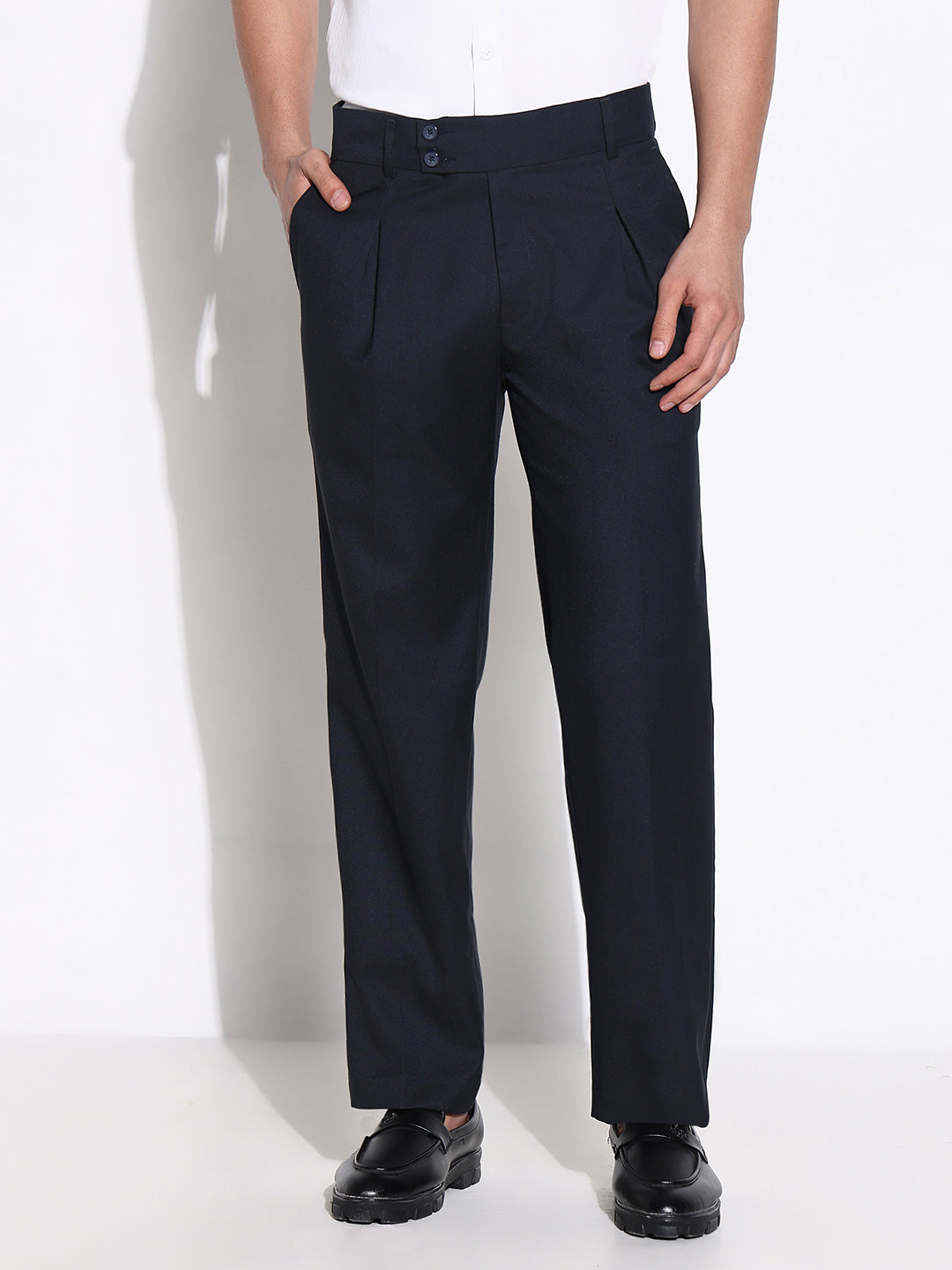 Men Navy Blue Solid Formal Trousers