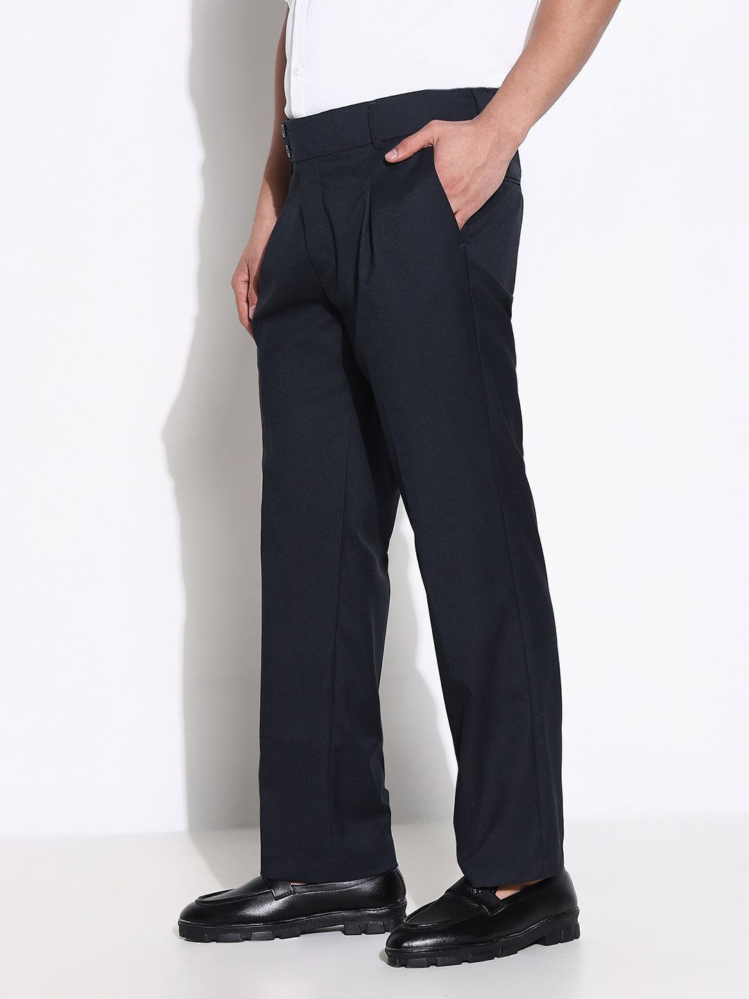 Men Navy Blue Solid Formal Trousers