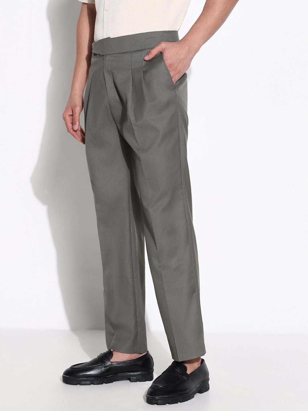 Men Olive Solid Formal Trousers