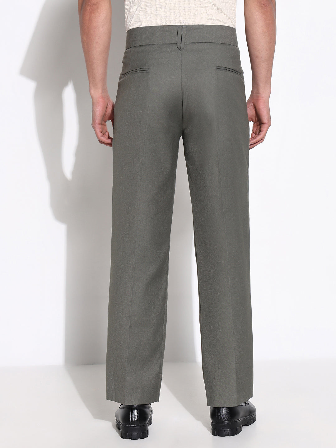 Men Olive Solid Formal Trousers