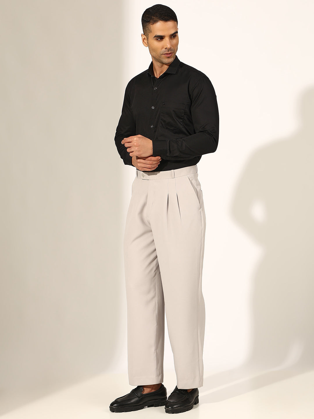 Men's Pleated Grey Regular Fit Korean Trouser