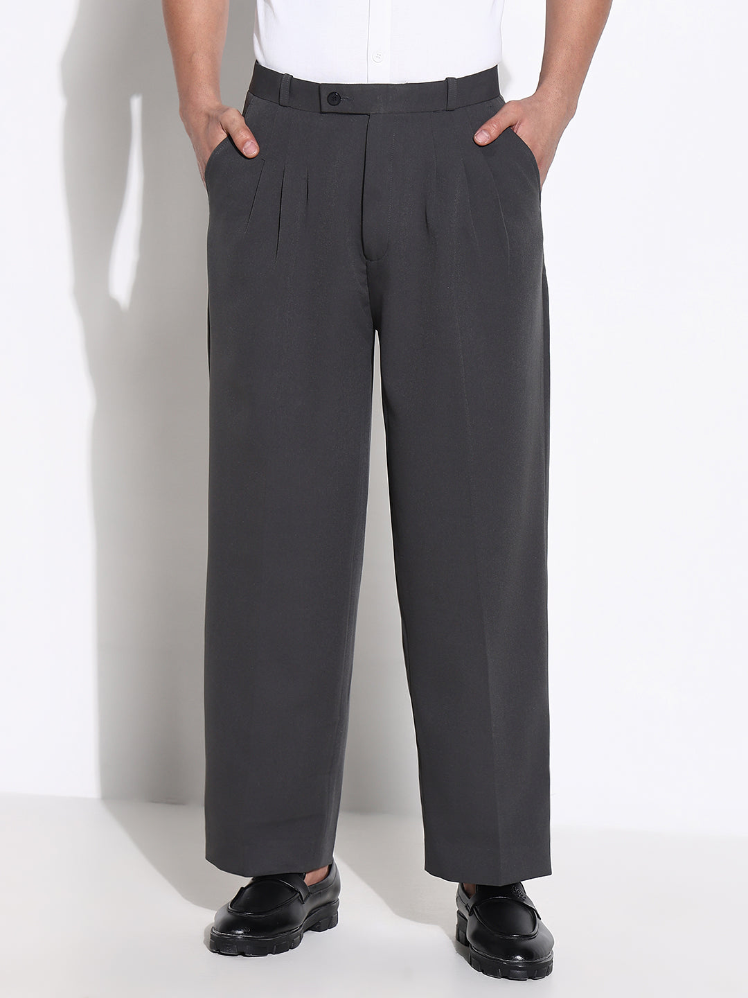 Men Grey Solid Formal Trousers