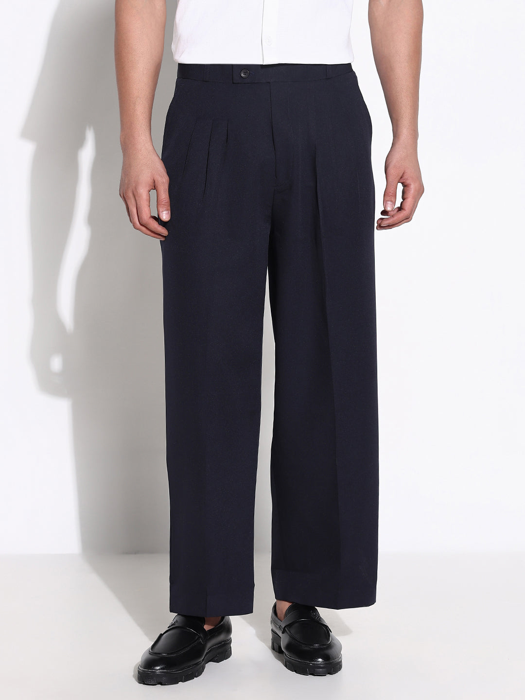 Men Navy Blue Solid Formal Trousers