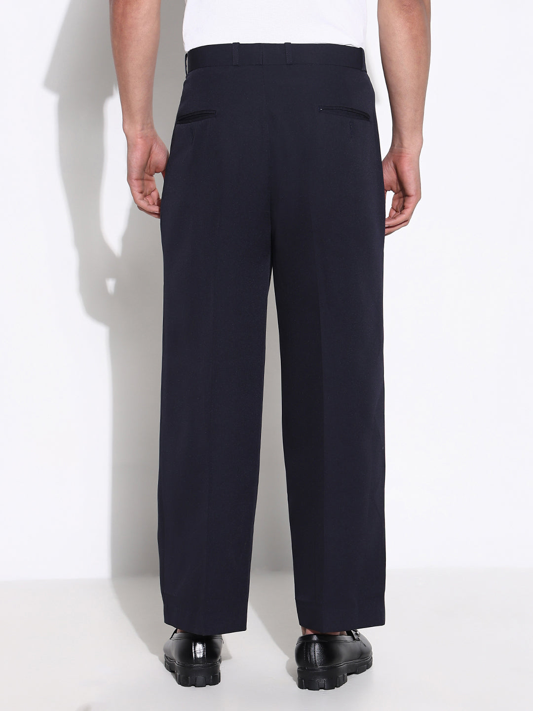 Men Navy Blue Solid Formal Trousers