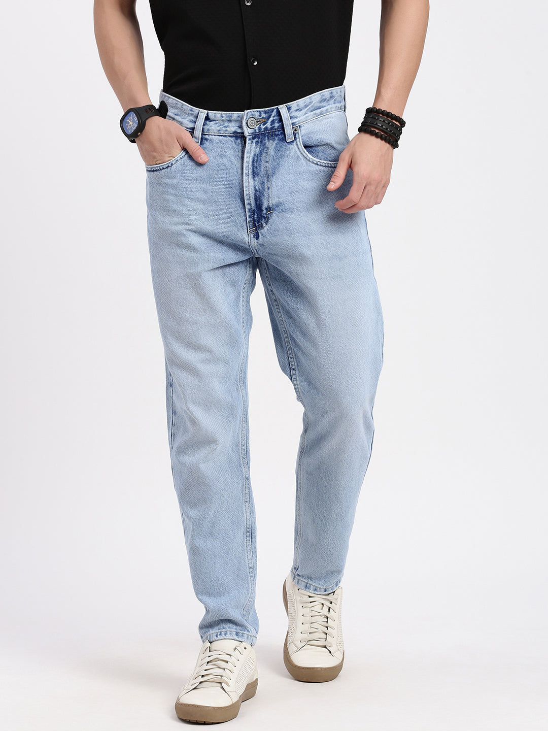 Men Regular Fit Cropped Blue Jeans