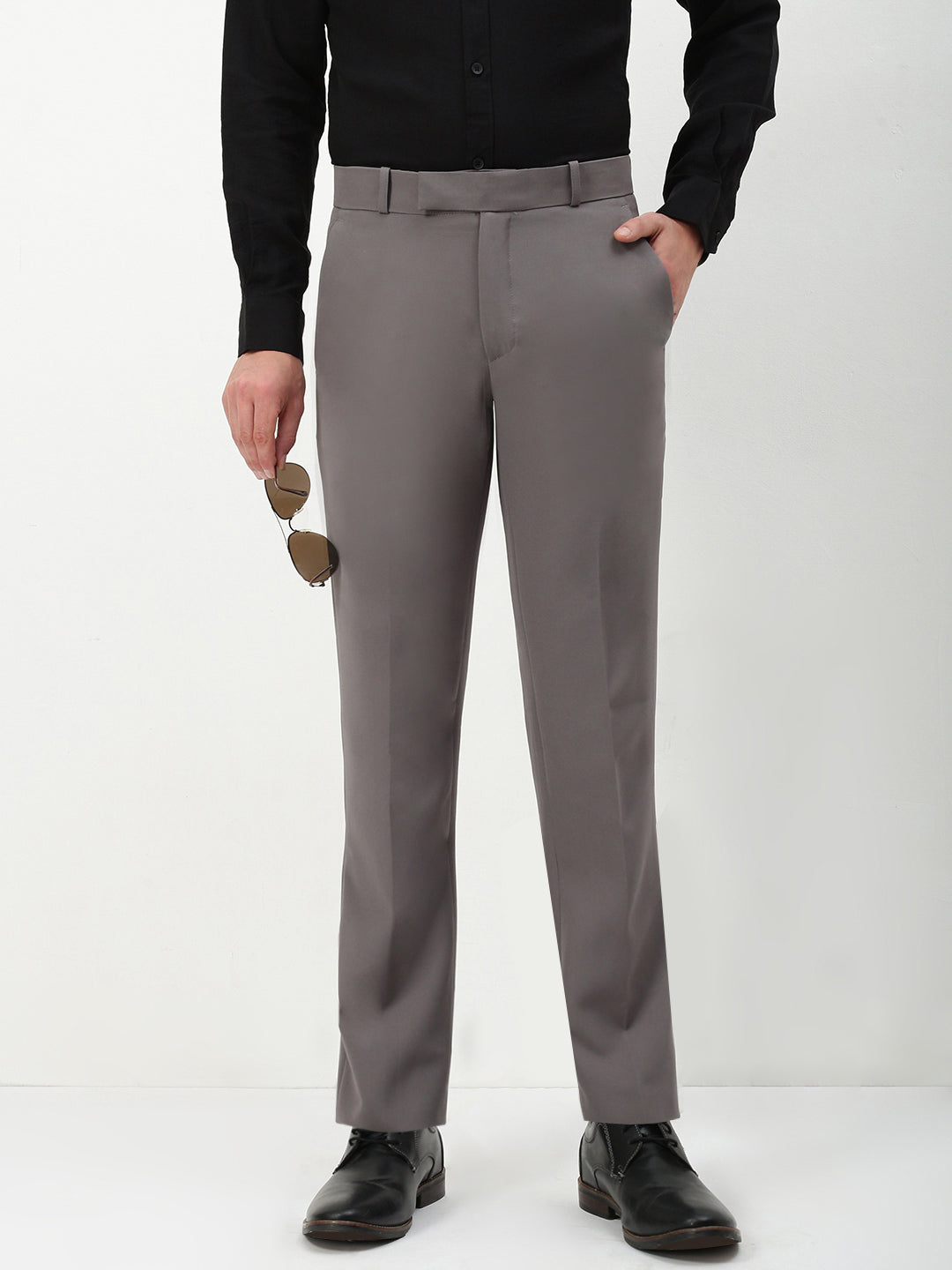 Men Grey Solid Slim Fit Formal Trousers