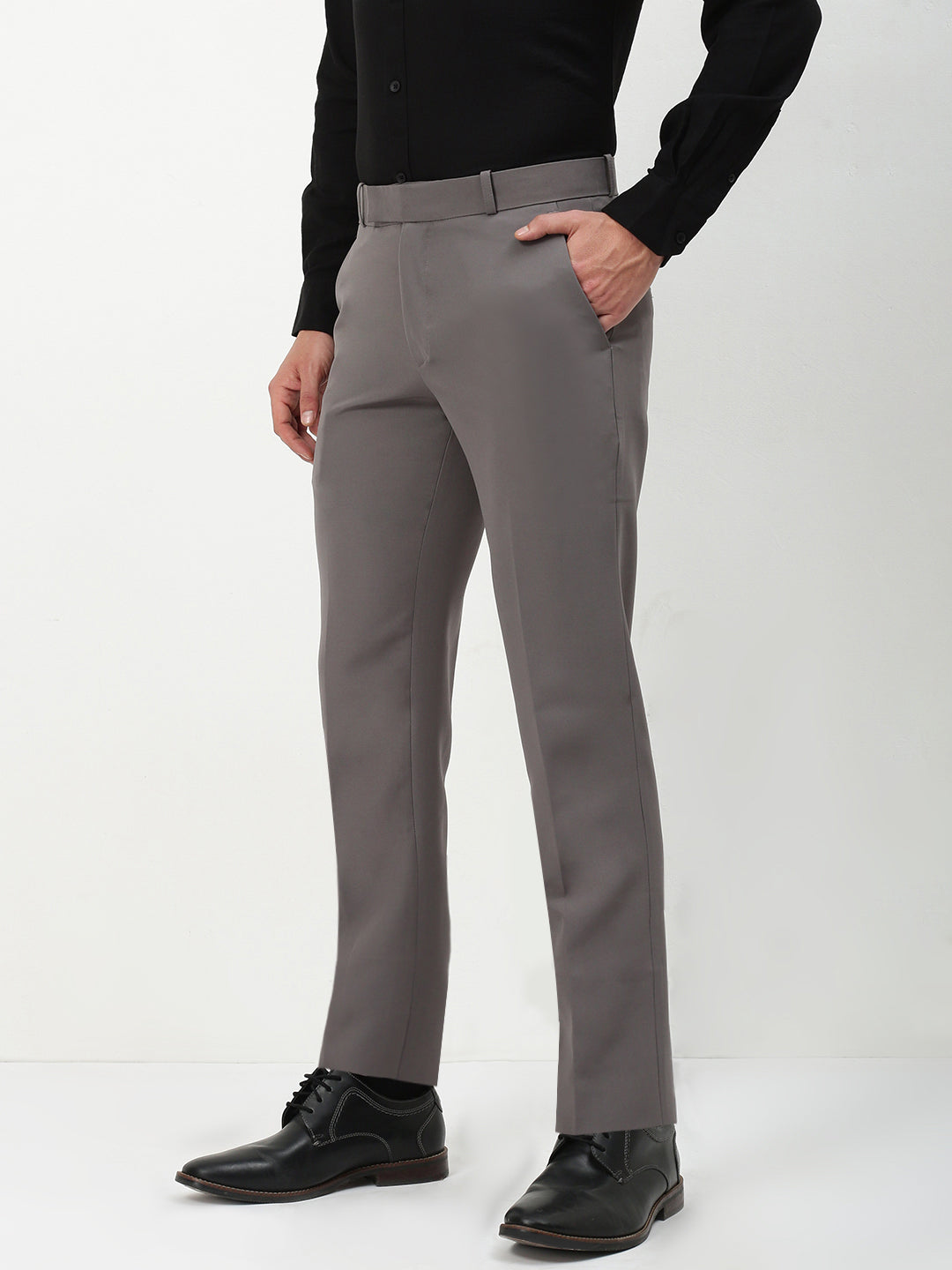 Men Grey Solid Slim Fit Formal Trousers