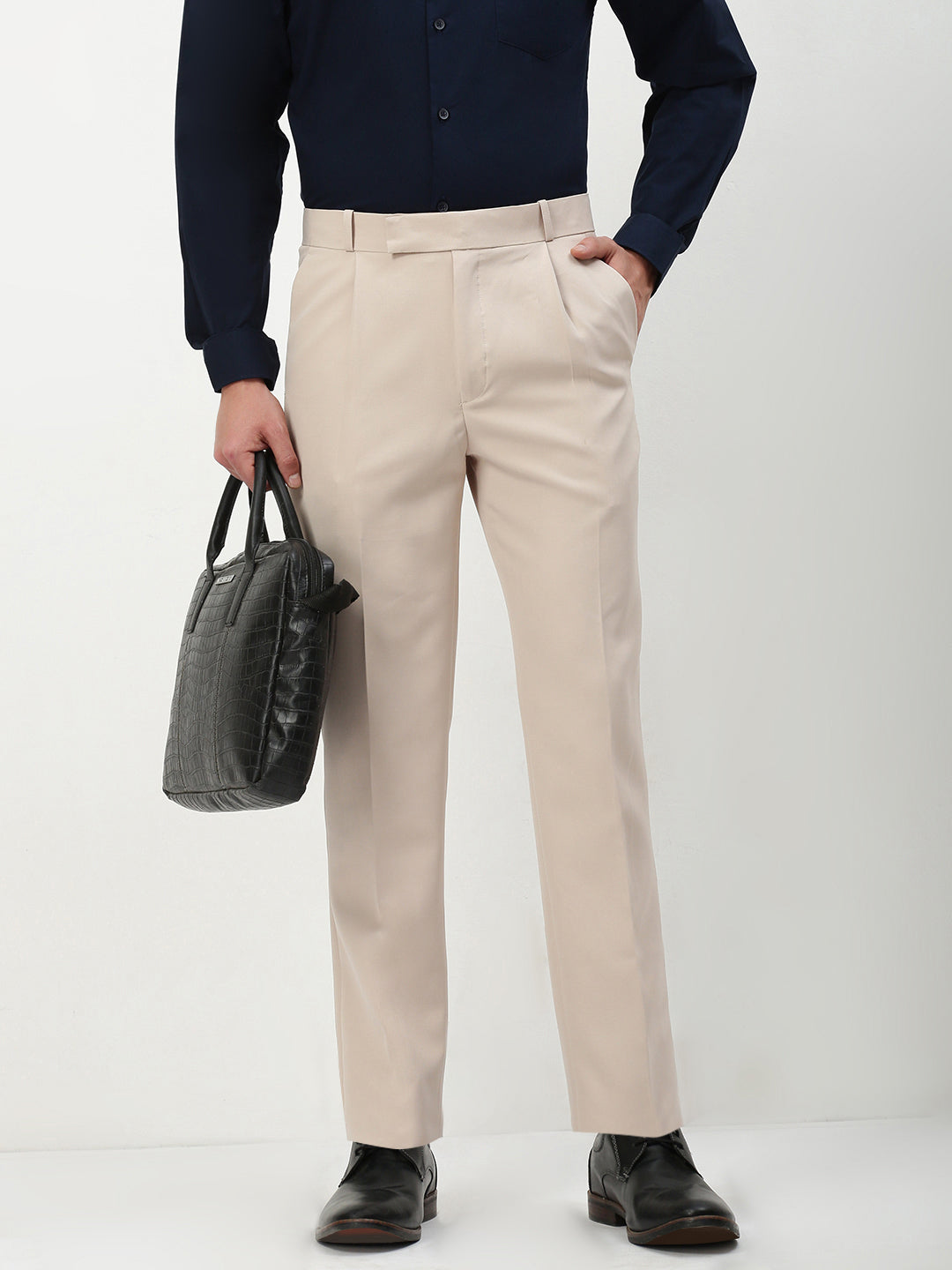 Men Beige Solid Slim Fit Formal Trousers