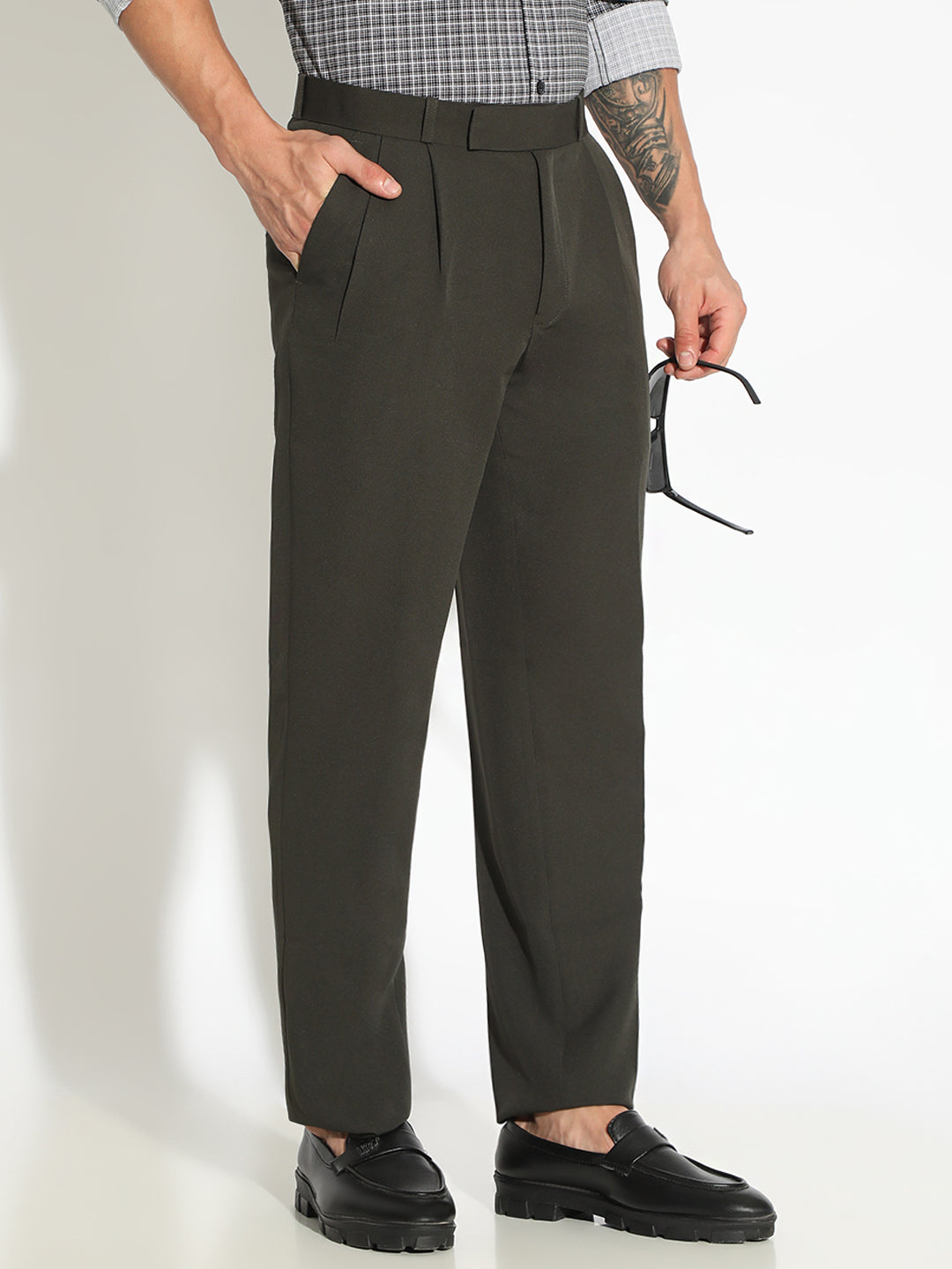 Men's Green Slim Fit Formal Pleated Low Rise Formal Trousers