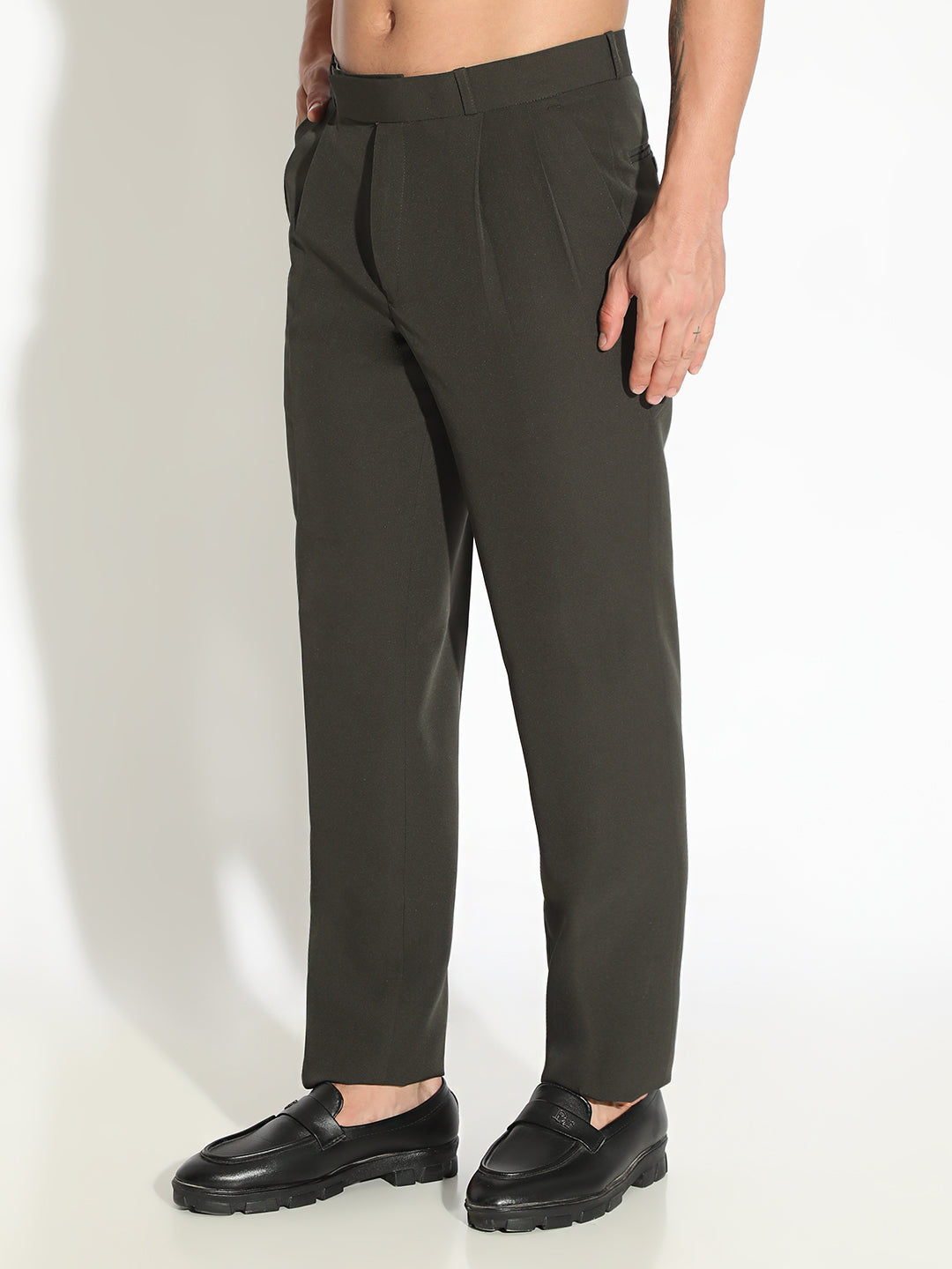 Men's Green Slim Fit Formal Pleated Low Rise Formal Trousers