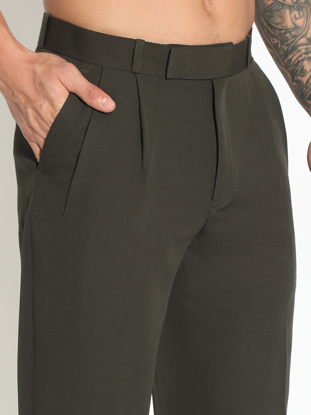 Men's Green Slim Fit Formal Pleated Low Rise Formal Trousers
