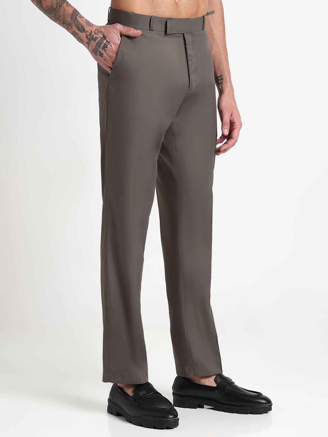 Men's Grey Solid Slim Fit Formal Regular Trousers