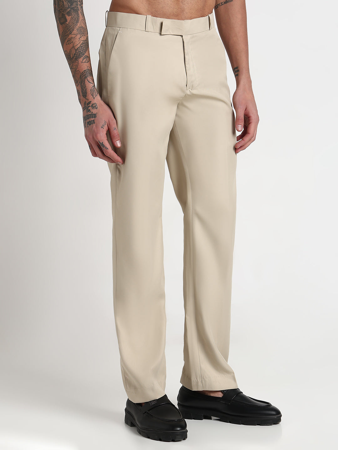 Men's Cream Solid Slim Fit Formal Trousers