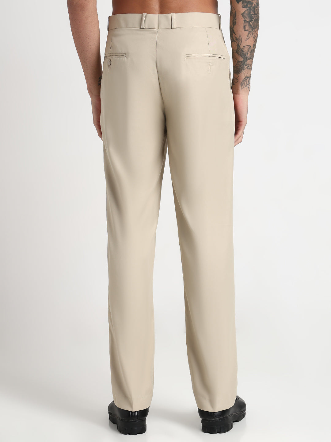 Men's Cream Solid Slim Fit Formal Trousers