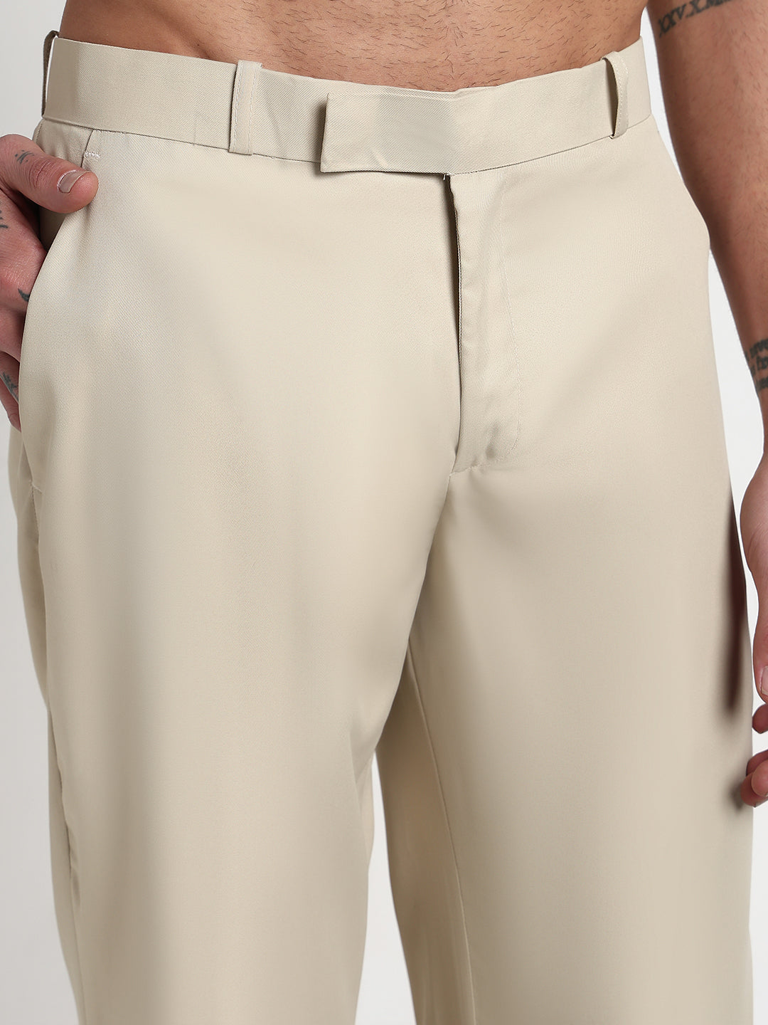 Men's Cream Solid Slim Fit Formal Trousers