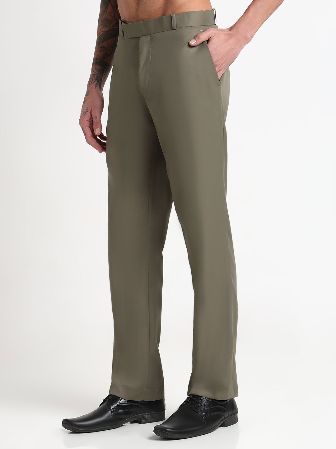 Men's Olive Solid Slim Fit Formal Trousers